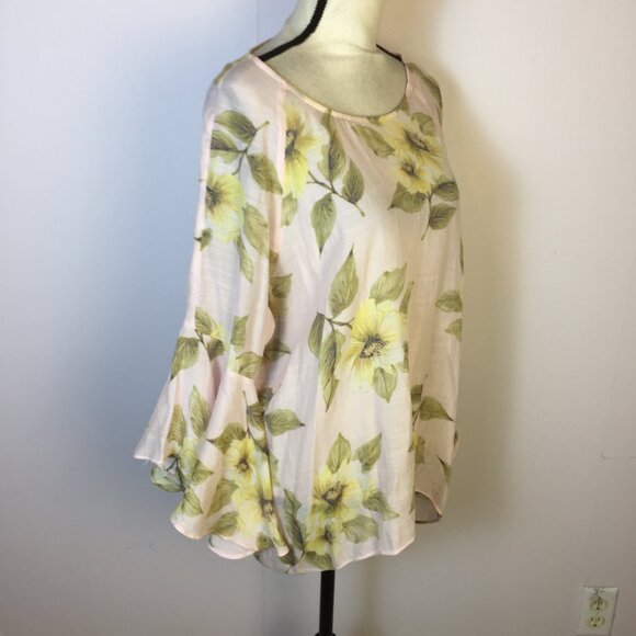 LC Lauren Conrad Blouse Tunic Top XL Womans Pink Yellow Floral Long Bell Sleeve - Picture 2 of 15